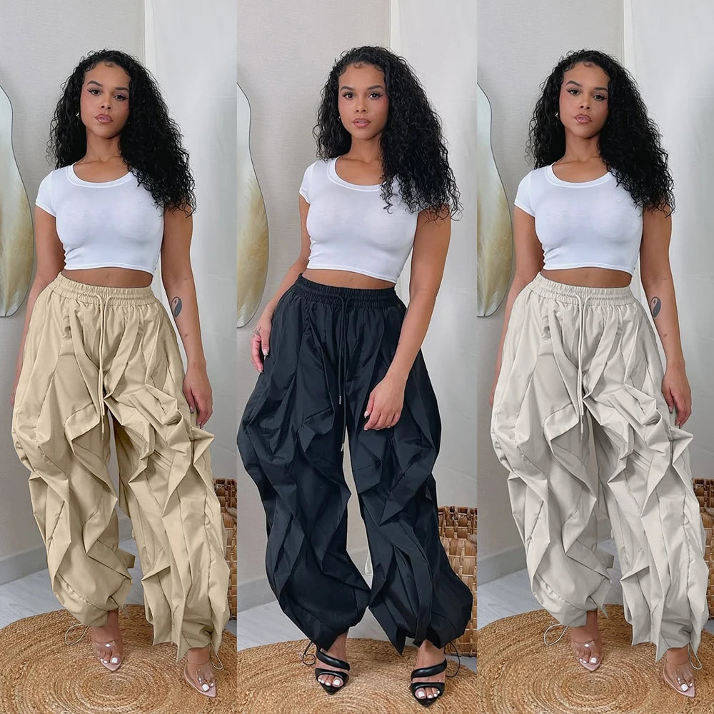 Summer Fashion 2025 Women Ruffle Print Cargo Pants Casual New Female Streetwear Joggers Elastic High Waist Loose Latern Trousers